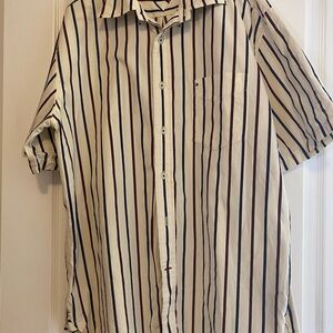 Tommy Hilfiger men shirt. . Cream with blue and burgundy stripes.
